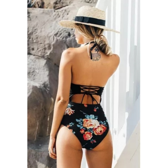 Cupshe Halter Cutout Lace Up One Piece Swimsuit in Black - Picture 2 of 14